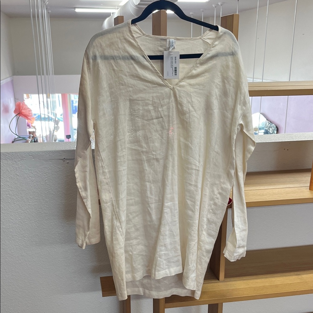 Calvin Klein‎ Cream V-Neck Long-Sleeve Tunic linen VTG